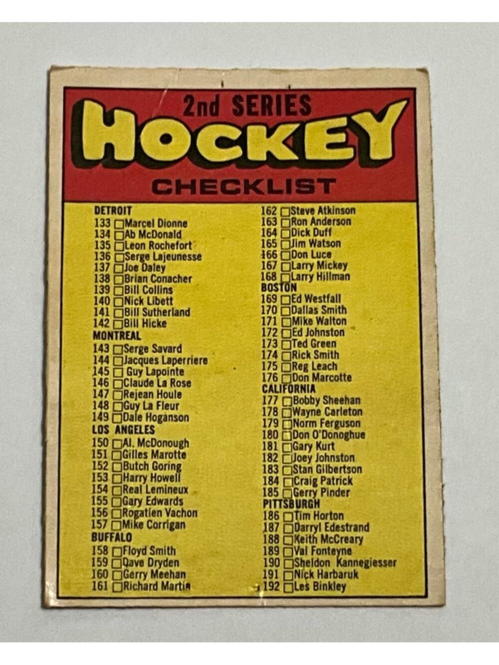 OPC 1971-72 Hockey 2nd Series Checklist Front Unmarked Back Partial Marked
